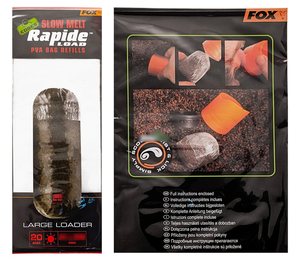 Запасні пакети ПВА для теплої води Fox Edges Slow Melt Rapide Load PVA Bags Refills Large Loader 85x220mm 20шт Запасні пакети ПВА для теплої води Fox Edges Slow Melt Rapide Load PVA Bags Refills Large Loader 85x220mm 20шт