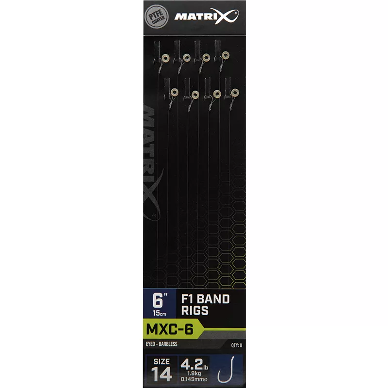 Готовый поводок с безбородым крючком Matrix MXC-6 F1 Band Rigs 15cm/6ins Barbless 0,145mm Size 14 8шт Готовый поводок с безбородым крючком Matrix MXC-6 F1 Band Rigs 15cm/6ins Barbless 0,145mm Size 14 8шт