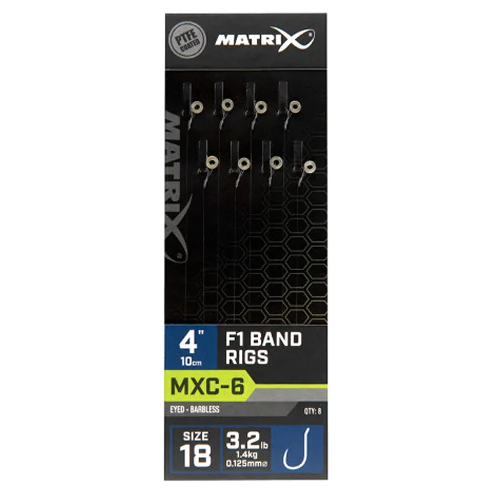 Готовый поводок с безбородым крючком Matrix MXC-6 F1 Band Rigs 10cm/4ins Barbless 0,145mm Size 14 8шт Готовый поводок с безбородым крючком Matrix MXC-6 F1 Band Rigs 10cm/4ins Barbless 0,145mm Size 14 8шт